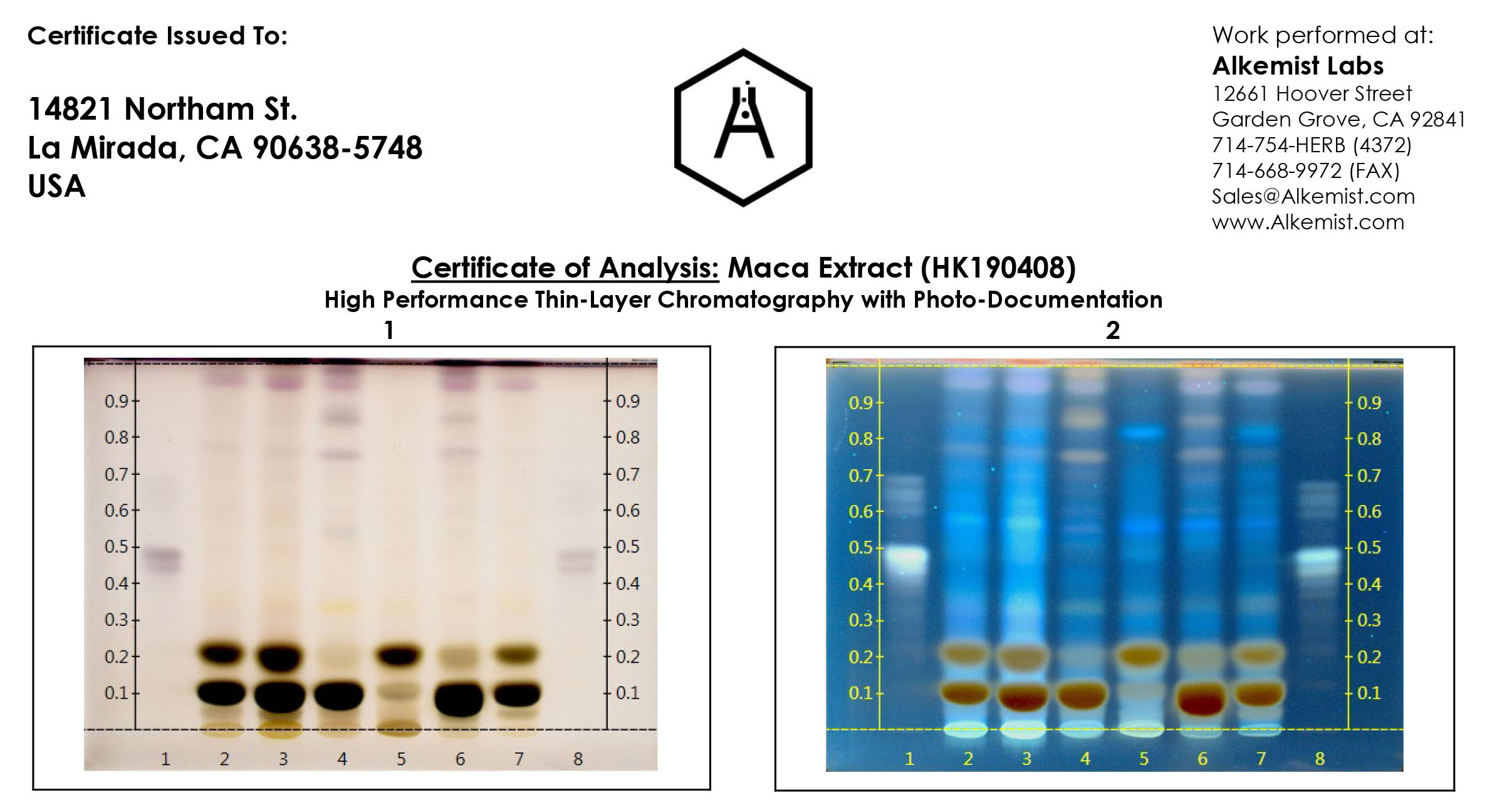 Extrato de Maca (Extrato de Lepidium meyenii) Relatório de teste de identificação HPTLC - Hunan Huakang Biotech Inc